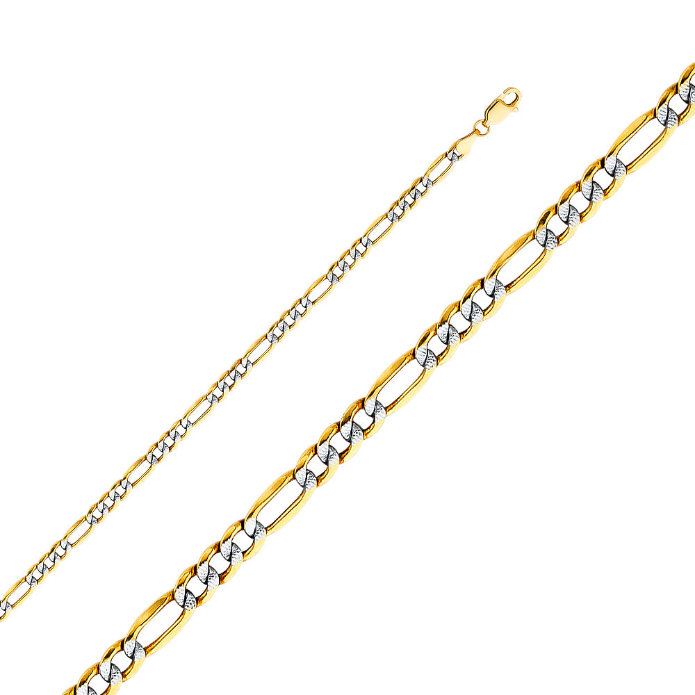14K White Gold Hollow Bevelled Figaro 3+1 White Pave 3.9mm Chain - CH-0160