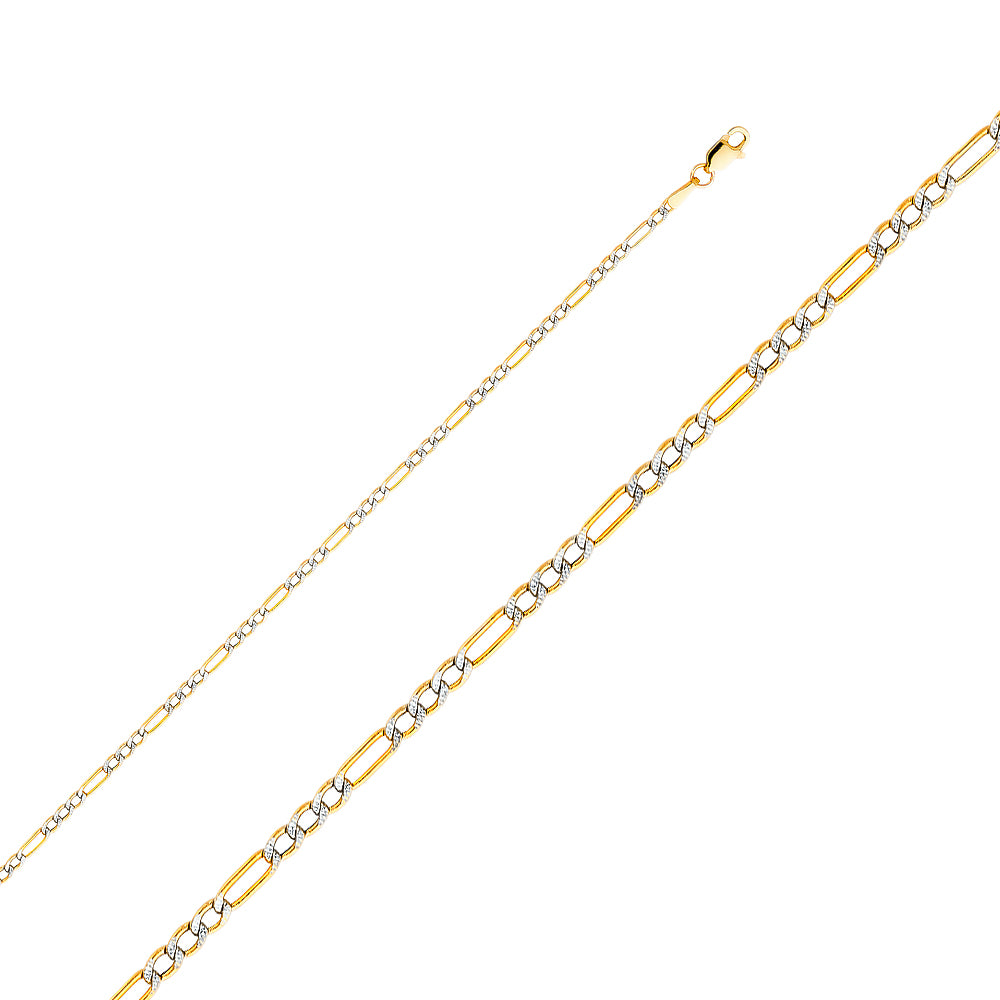14K White Gold Hollow Bevelled Figaro 3+1 White Pave 2.3mm Chain - CH-0162