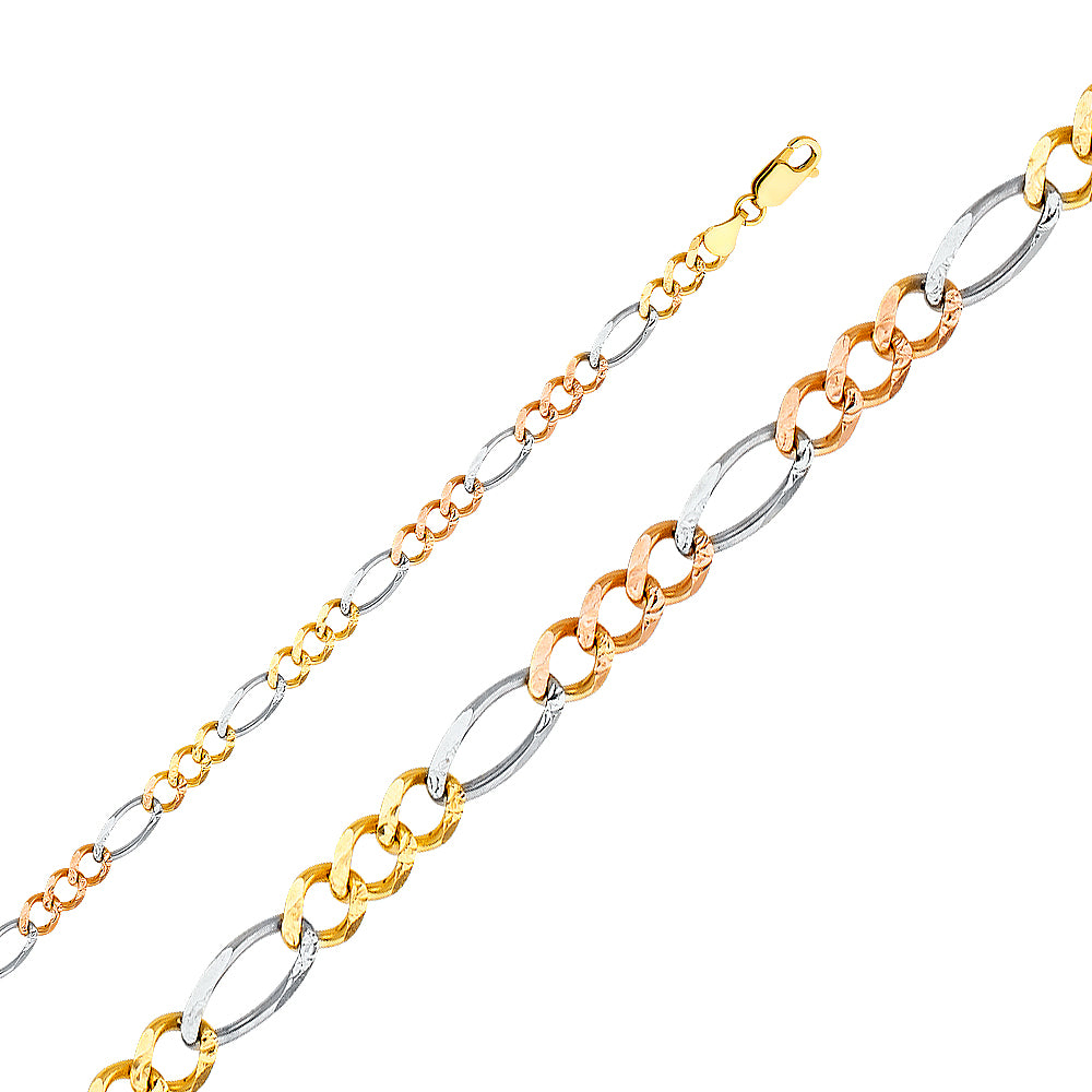 14K Tri Color Gold 3 Color Figaro 3+1 Concave Regular 5.3mm Chain - CH-0359