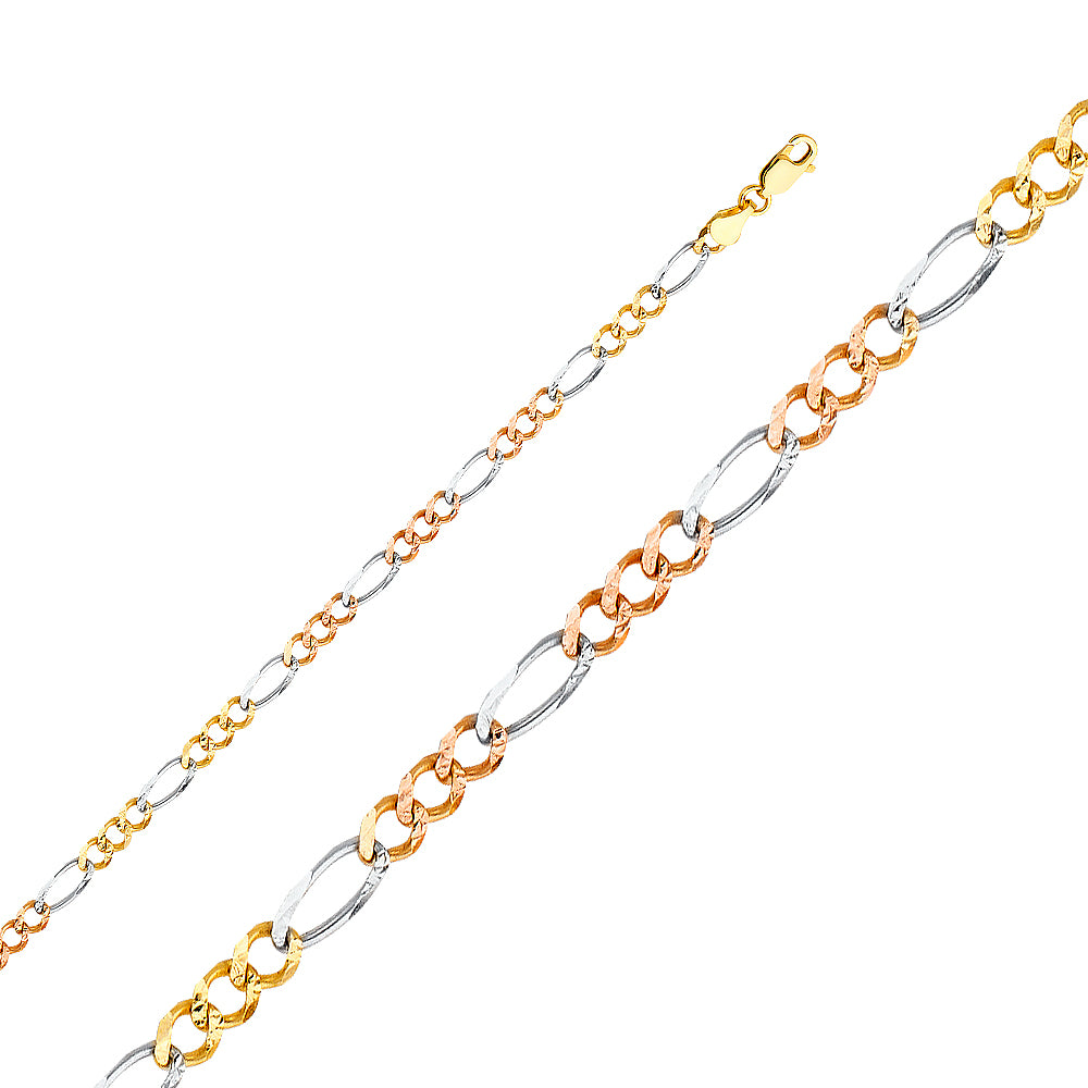 14K Tri Color Gold 3 Color Figaro 3+1 Concave Regular 4.5mm Chain - CH-0360