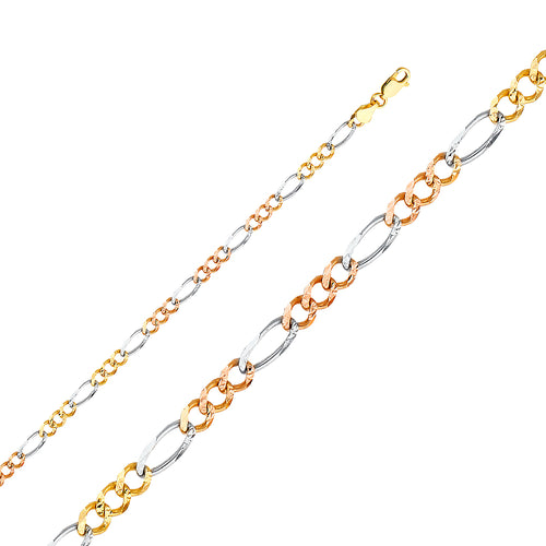 14K Tri Color Gold 3 Color Figaro 3+1 Concave Regular 4.5mm Chain - CH-0360