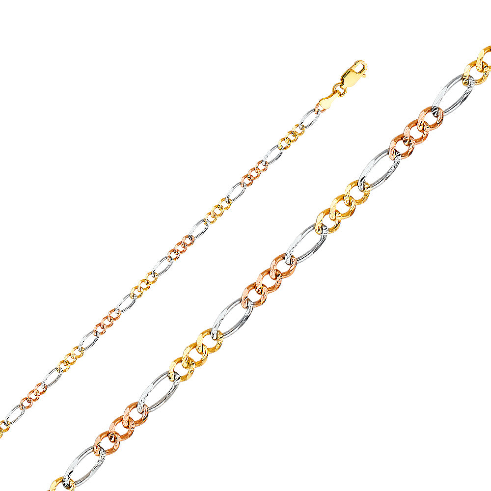 14K Tri Color Gold 3 Color Figaro 3+1 Concave Regular 3.7mm Chain - CH-0361