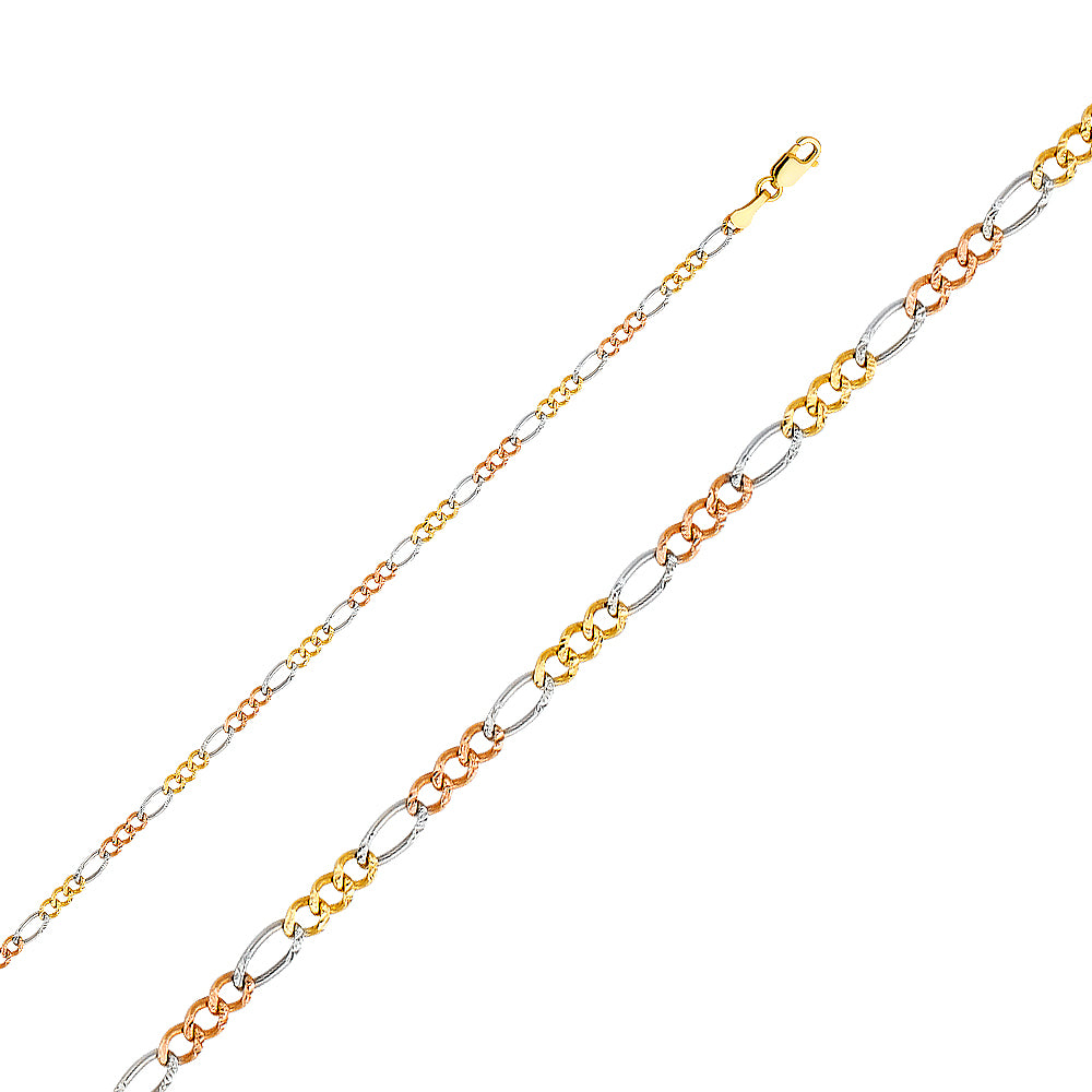 14K Tri Color Gold 3 Color Figaro 3+1 Concave Regular 2.6mm Chain - CH-0362