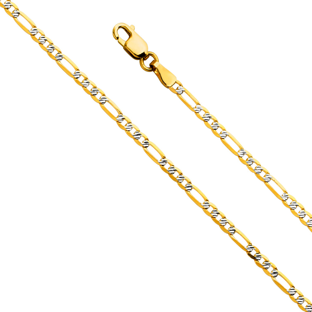14K White Gold Light Figaro 3+1 Fancy D.C. White Pave 2.3mm Chain - CH-0565