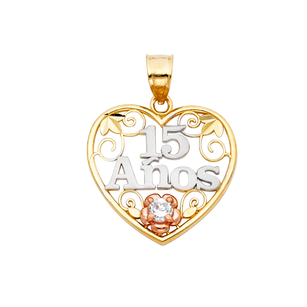 14K Yellow Gold Flower & 15 Años Pendant - PT357