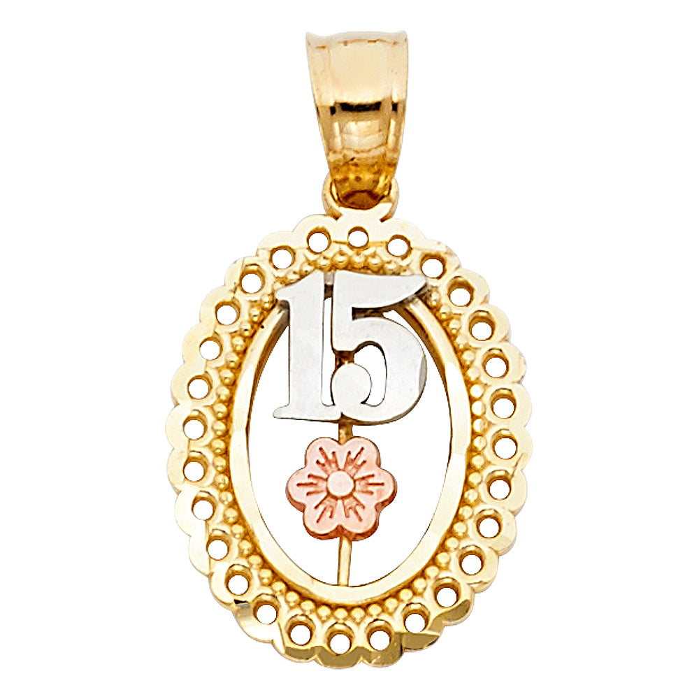 14K Yellow Gold Flower & 15 Años Pendant - PT372