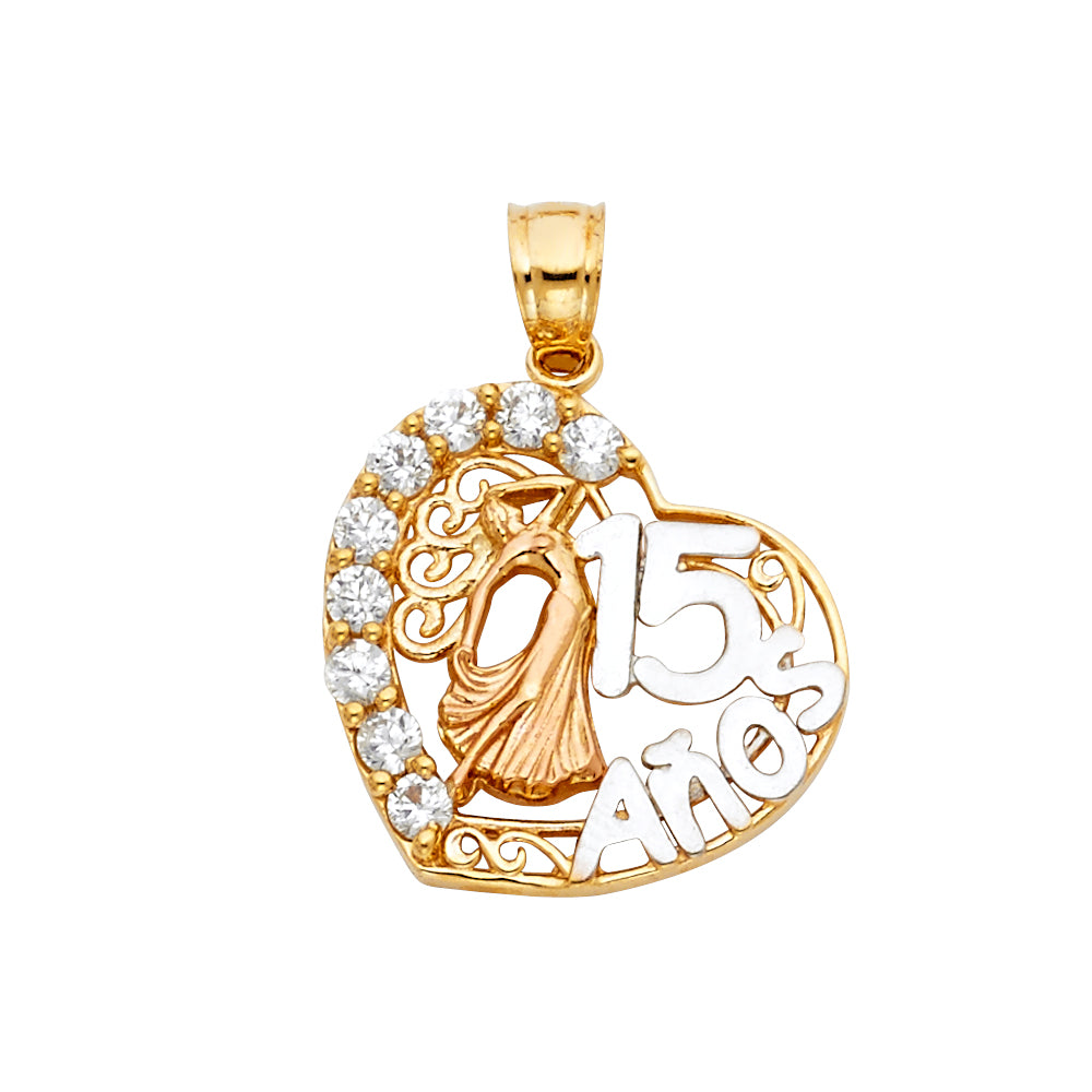 14K Yellow Gold Flower & 15 Años Pendant - PT1874