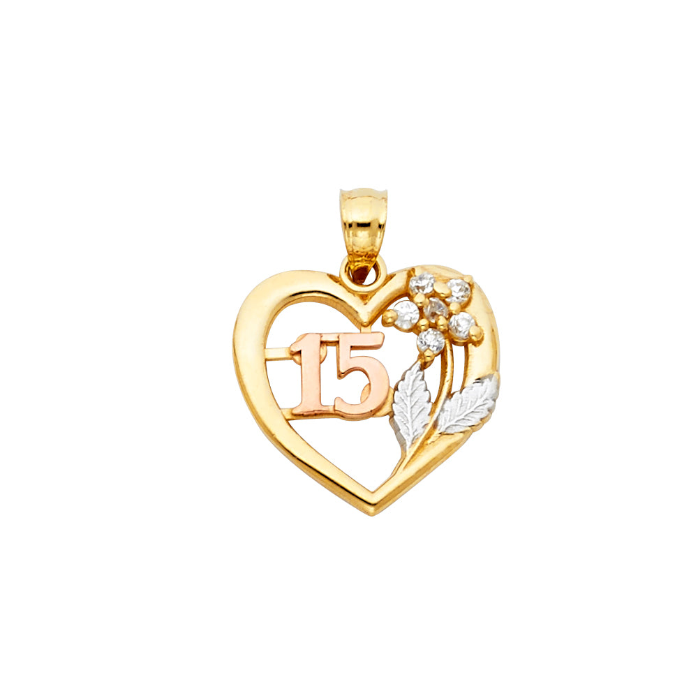 14K Yellow Gold Flower & 15 Años Pendant - PT1875