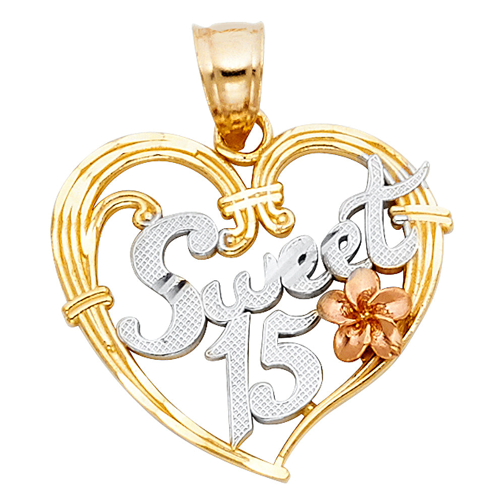 14K Yellow Gold Flower & 15 Años Pendant - PT1906