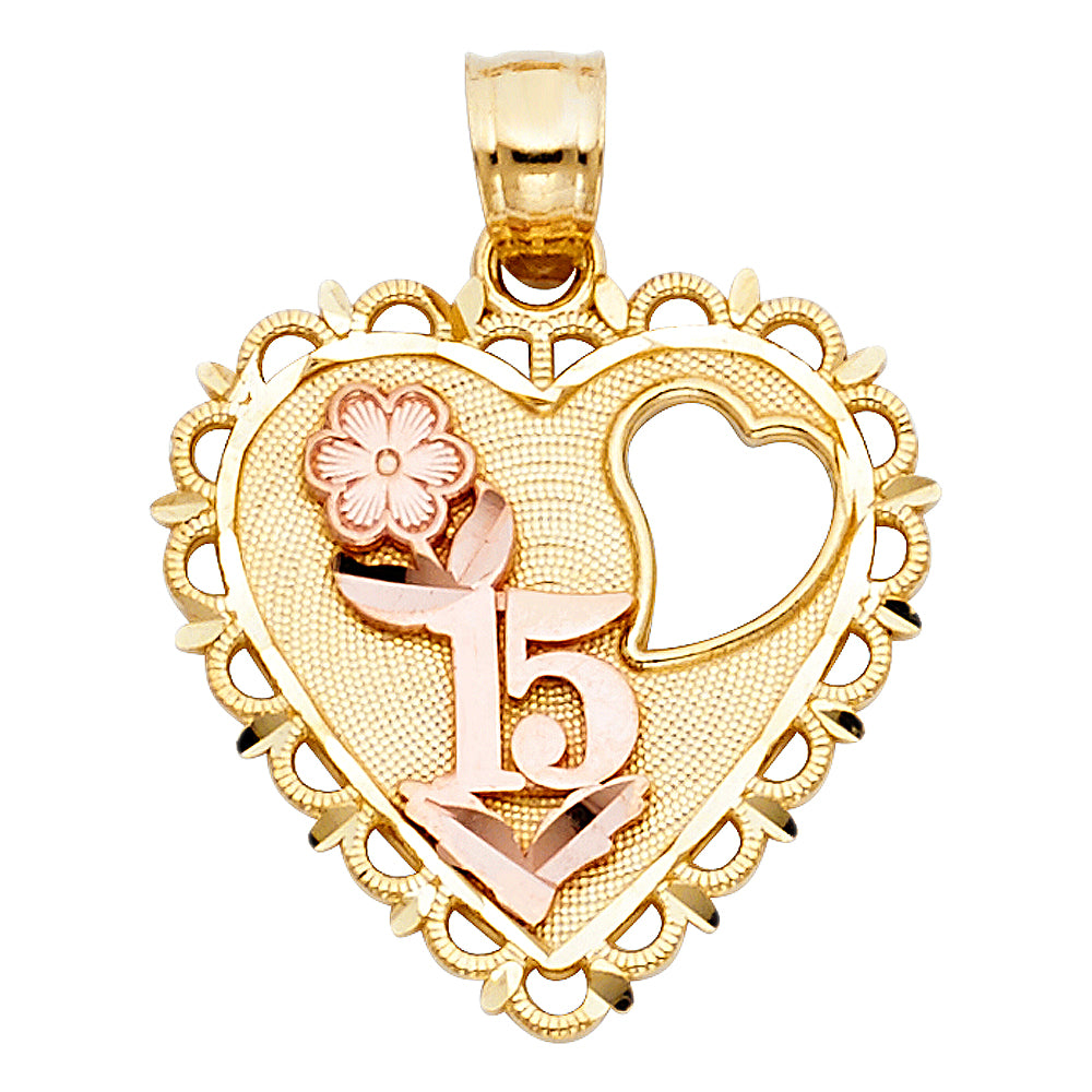 14K Yellow Gold Flower & 15 Años Pendant - PT1907