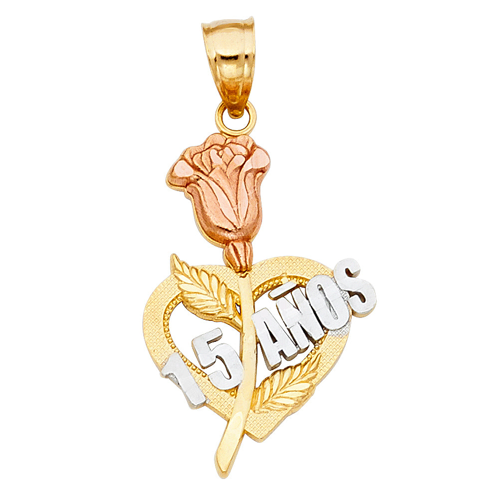 14K Yellow Gold Flower & 15 Años Pendant - PT1913