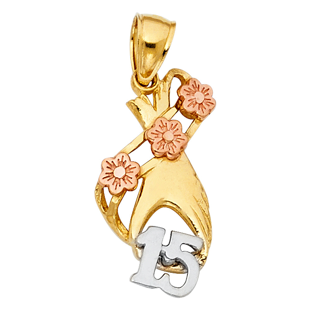 14K Yellow Gold Flower & 15 Años Pendant - PT1914