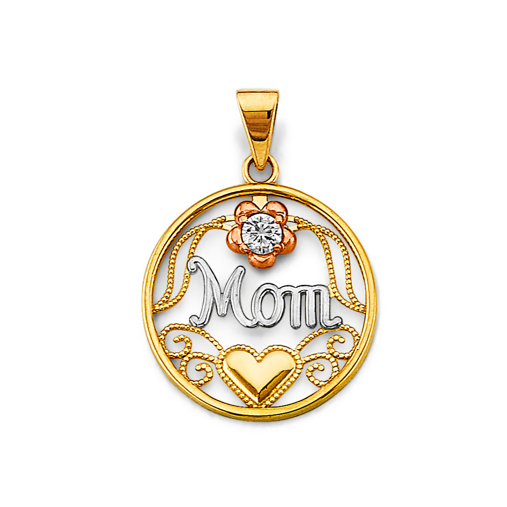 14K Yellow Gold Mom, Family, Baby & Heart Pendant - PT2693
