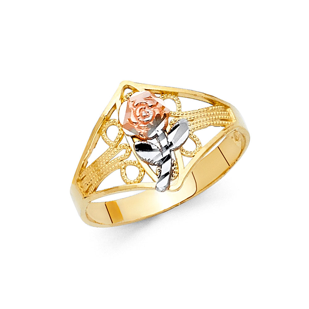 14K Tri Color Flower, Heart & Light Ring - RG605