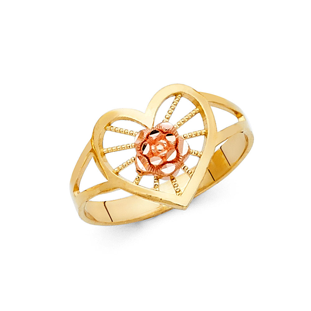 14K Tri Color Flower, Heart & Light Ring - RG606