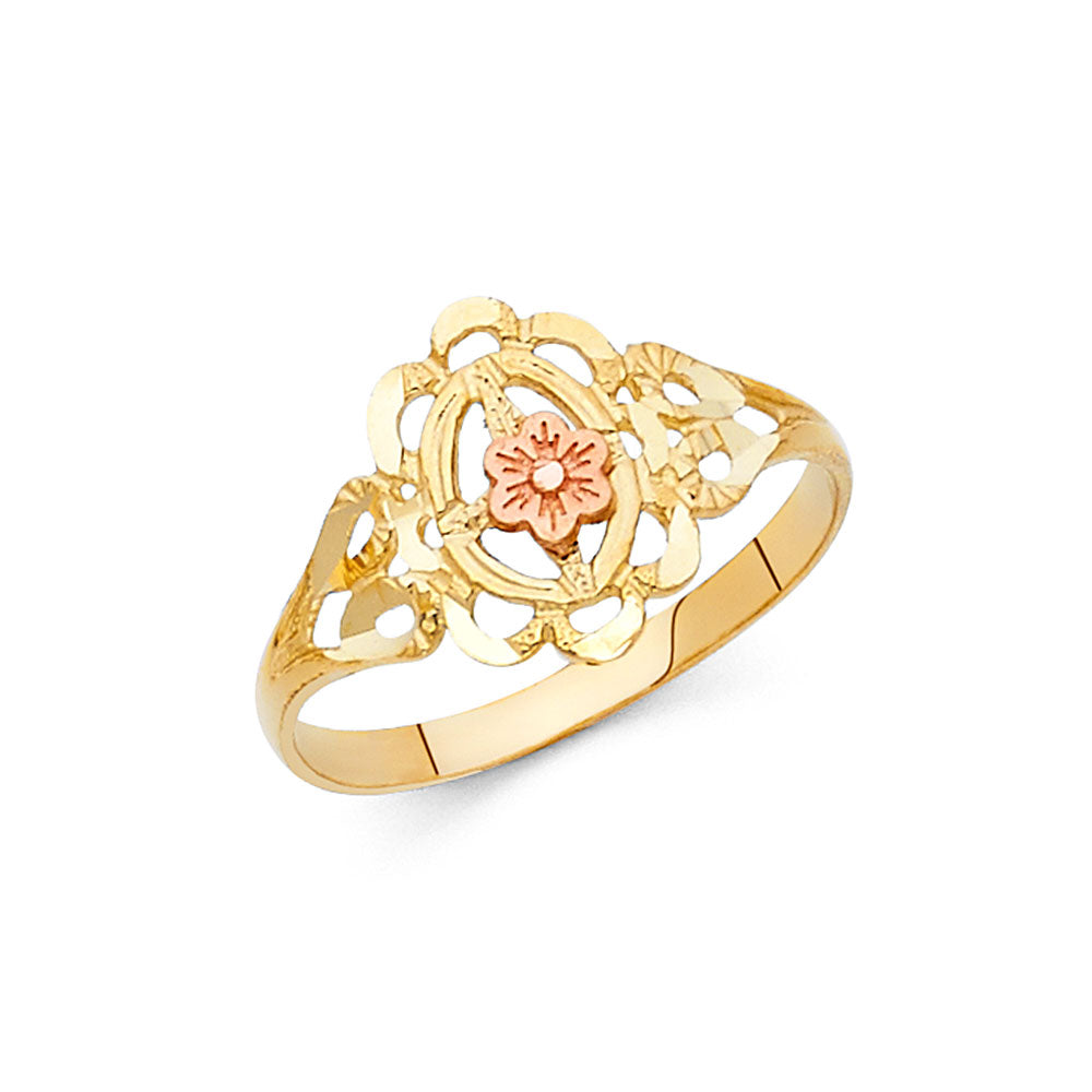 14K Tri Color Flower, Heart & Light Ring - RG2027