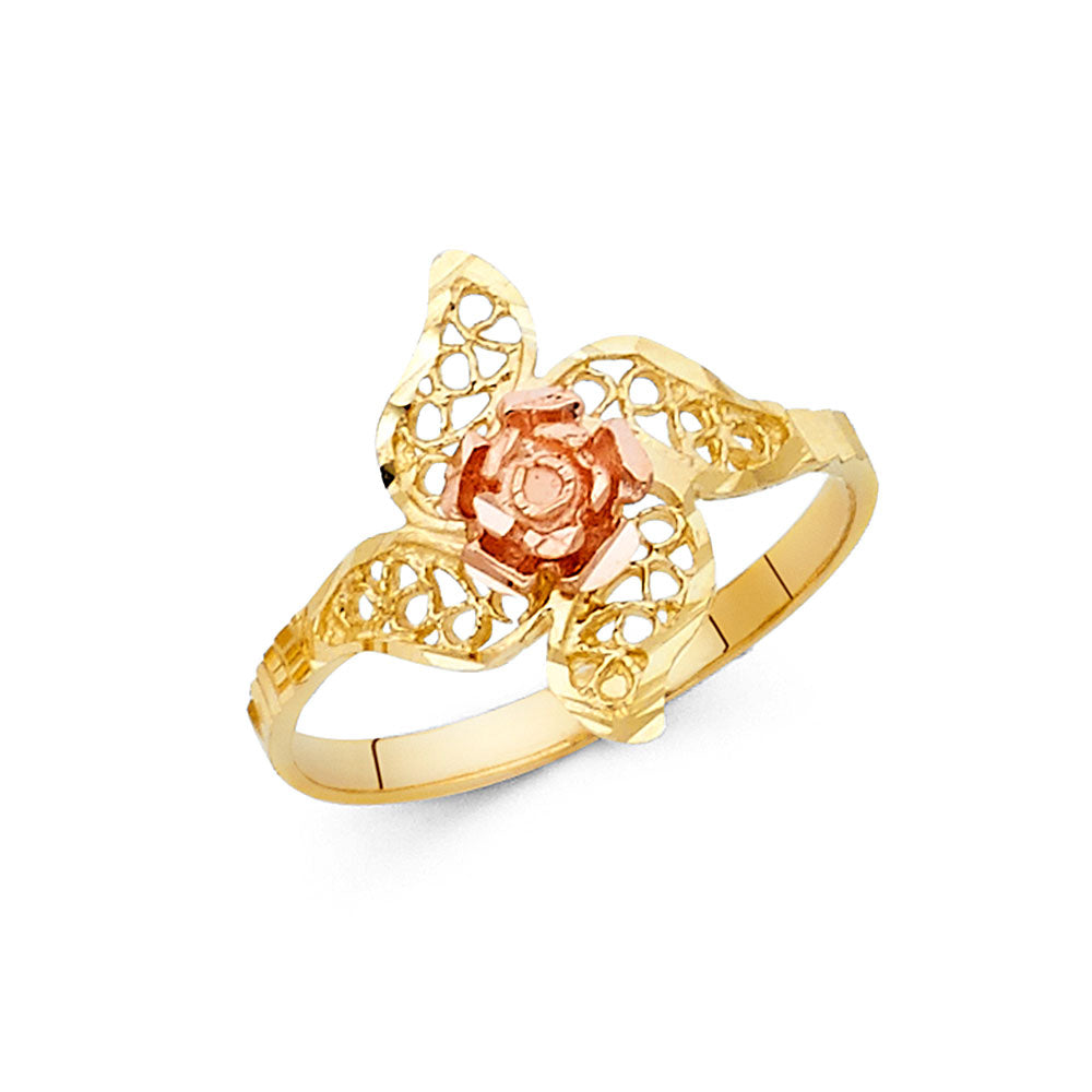 14K Tri Color Flower, Heart & Light Ring - RG2030