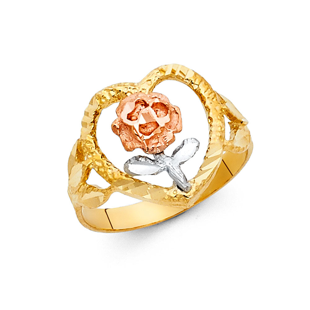 14K Tri Color Flower, Heart & Light Ring - RG2031