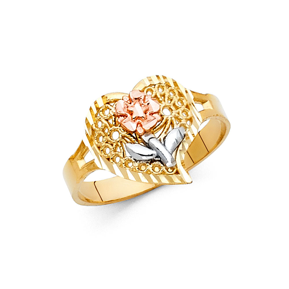 14K Tri Color Flower, Heart & Light Ring - RG2033