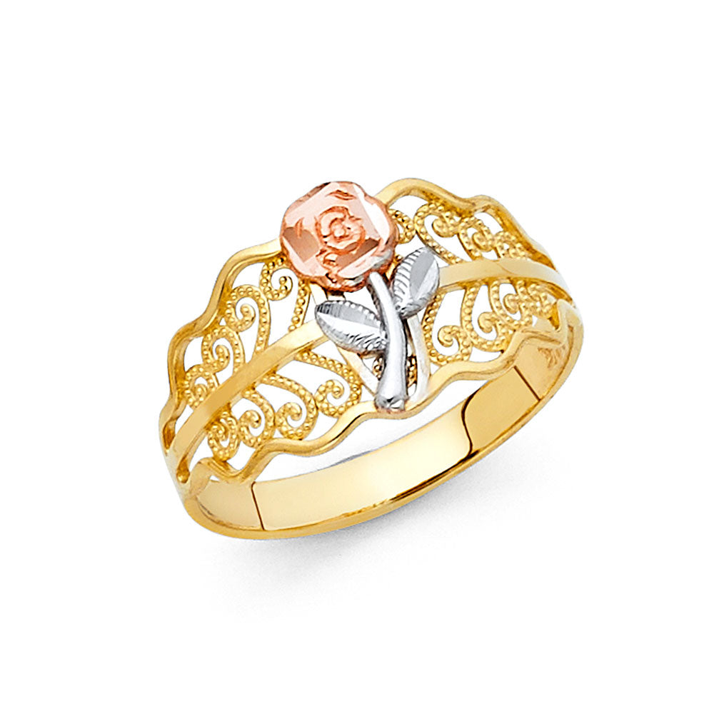 14K Tri Color Flower, Heart & Light Ring - RG2039