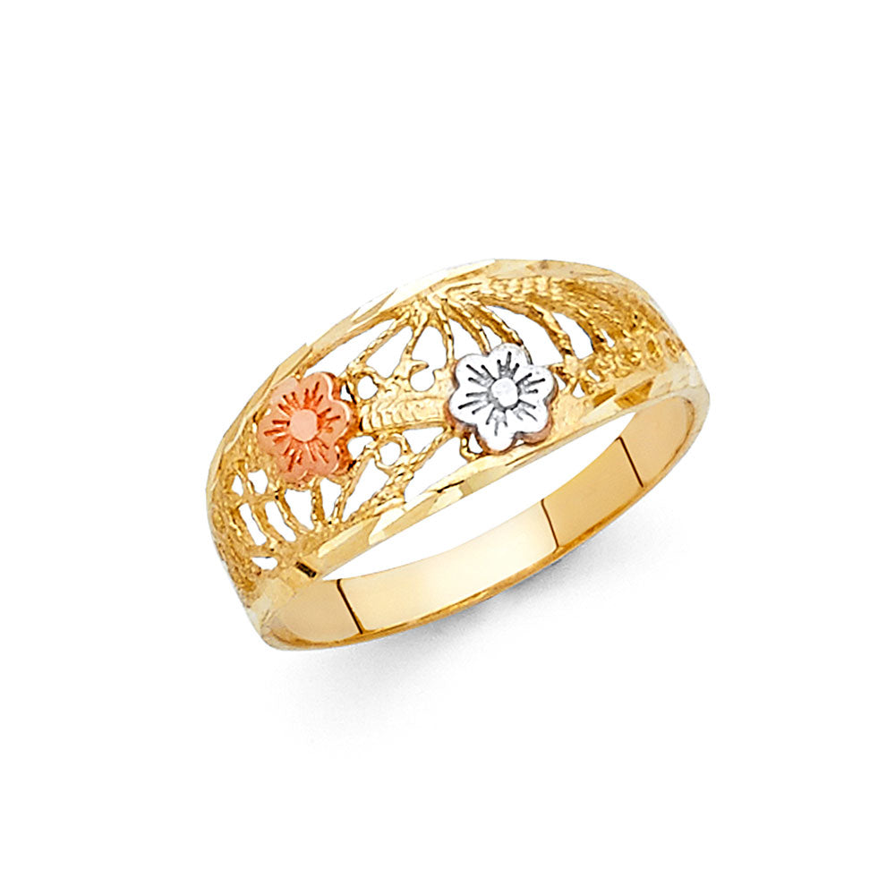 14K Tri Color Flower, Heart & Light Ring - RG2041
