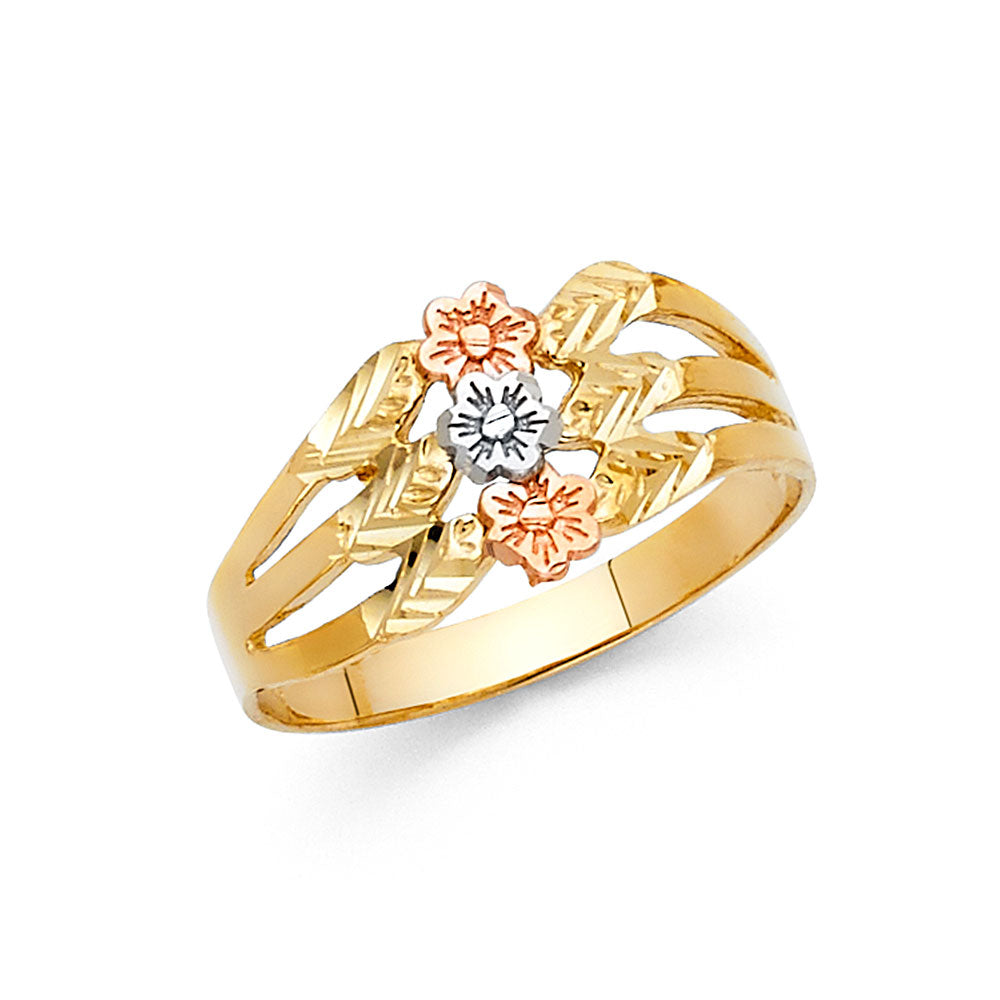 14K Tri Color Flower, Heart & Light Ring - RG2047