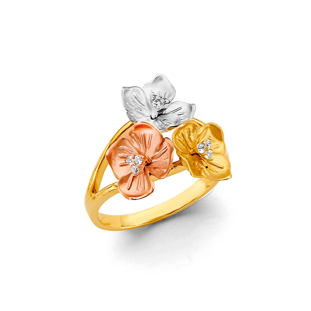 14K Tri Color Flower, Heart & Light Ring - RG3219